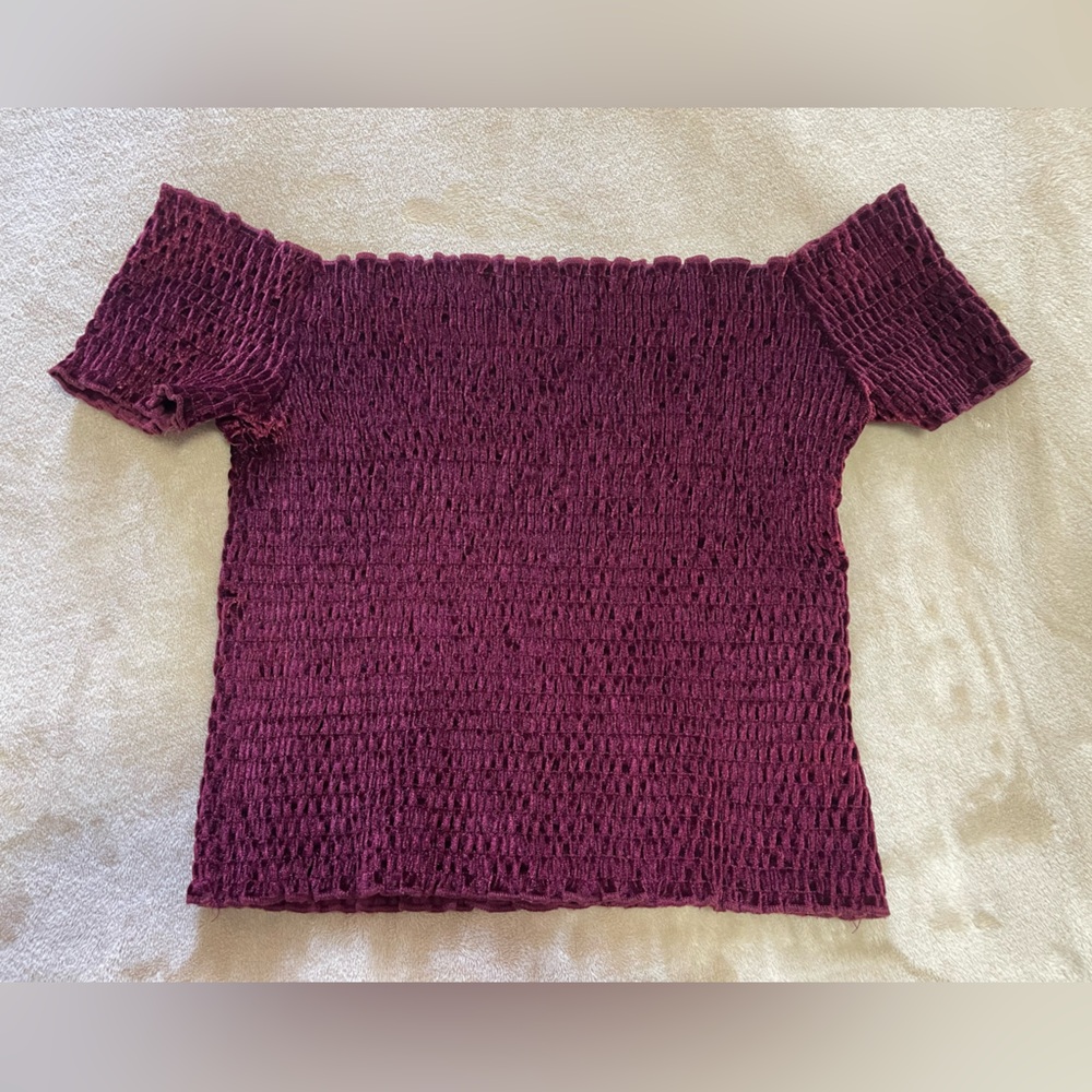 Light Before Dark Women's Burgubdy Off-The-Shoulder Smocked Velvet Crop Top